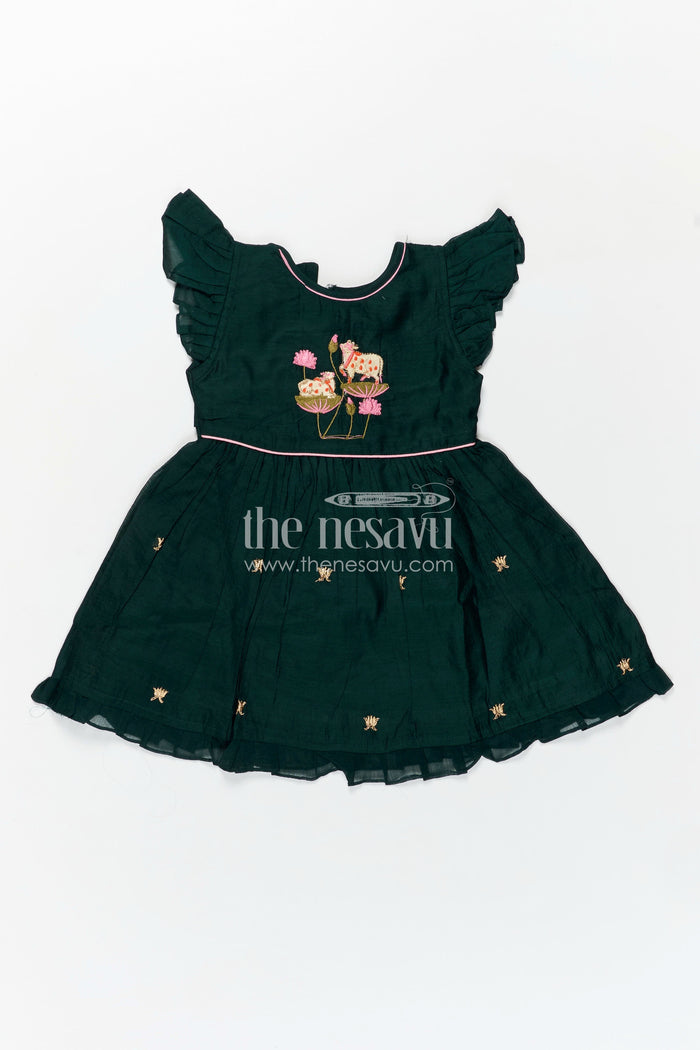 The Nesavu Girls Chanderi Frock Girls Chanderi Cotton Frock Style with Elephant Lotus Embroidery and Pleated Skirt in Forest Green Nesavu Nesavu Girls Chanderi Cotton Frock Style Elephant Lotus Embroidery Frill Detailing
