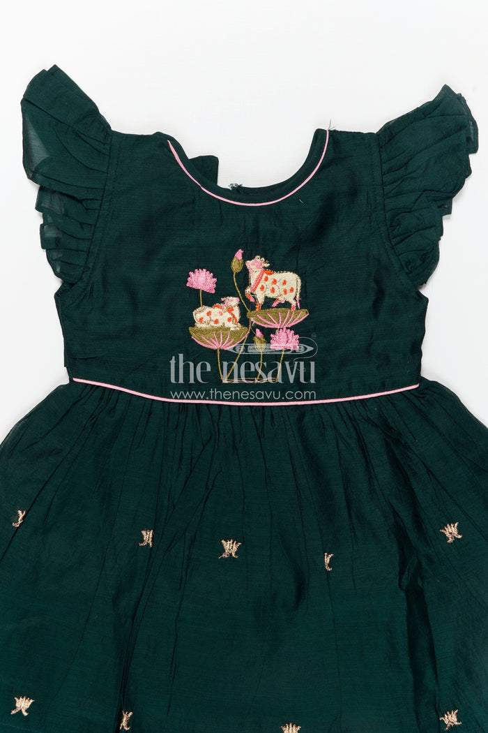 The Nesavu Girls Chanderi Frock Girls Chanderi Cotton Frock Style with Elephant Lotus Embroidery and Pleated Skirt in Forest Green Nesavu Nesavu Girls Chanderi Cotton Frock Style Elephant Lotus Embroidery Frill Detailing
