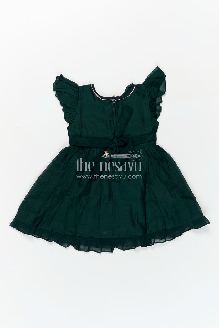 The Nesavu Girls Chanderi Frock Girls Chanderi Cotton Frock Style with Elephant Lotus Embroidery and Pleated Skirt in Forest Green Nesavu Nesavu Girls Chanderi Cotton Frock Style Elephant Lotus Embroidery Frill Detailing