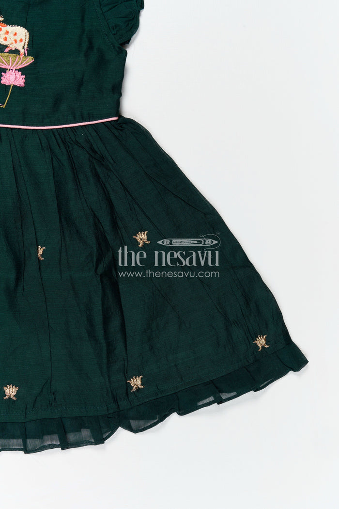 The Nesavu Girls Chanderi Frock Girls Chanderi Cotton Frock Style with Elephant Lotus Embroidery and Pleated Skirt in Forest Green Nesavu Nesavu Girls Chanderi Cotton Frock Style Elephant Lotus Embroidery Frill Detailing