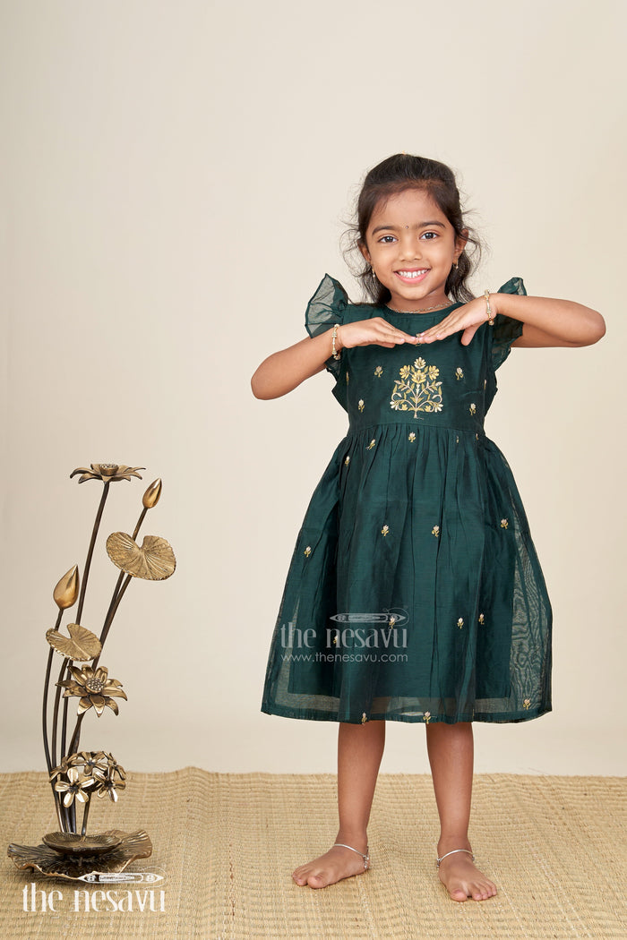 The Nesavu Girls Chanderi Frock Girls Chanderi Cotton New Design Frock with Gold Thread Embroidery and Frilled Sleeves in Deep Green Nesavu 16 (1Y) / Green GFC997AB-16 Nesavu Girls Chanderi Cotton Frock Floral Thread Embroidery Frilled Sleeves Everyday Elegance