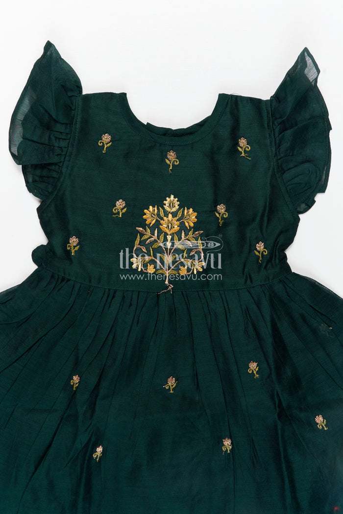 The Nesavu Girls Chanderi Frock Girls Chanderi Cotton New Design Frock with Gold Thread Embroidery and Frilled Sleeves in Deep Green Nesavu Nesavu Girls Chanderi Cotton Frock Floral Thread Embroidery Frilled Sleeves Everyday Elegance