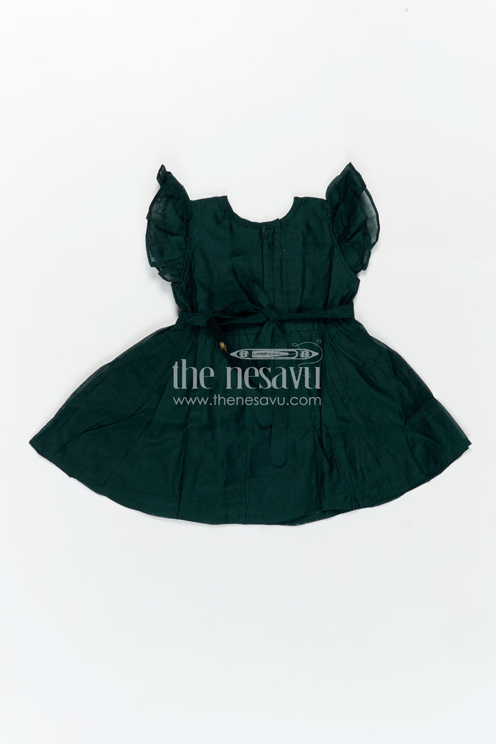 The Nesavu Girls Chanderi Frock Girls Chanderi Cotton New Design Frock with Gold Thread Embroidery and Frilled Sleeves in Deep Green Nesavu Nesavu Girls Chanderi Cotton Frock Floral Thread Embroidery Frilled Sleeves Everyday Elegance