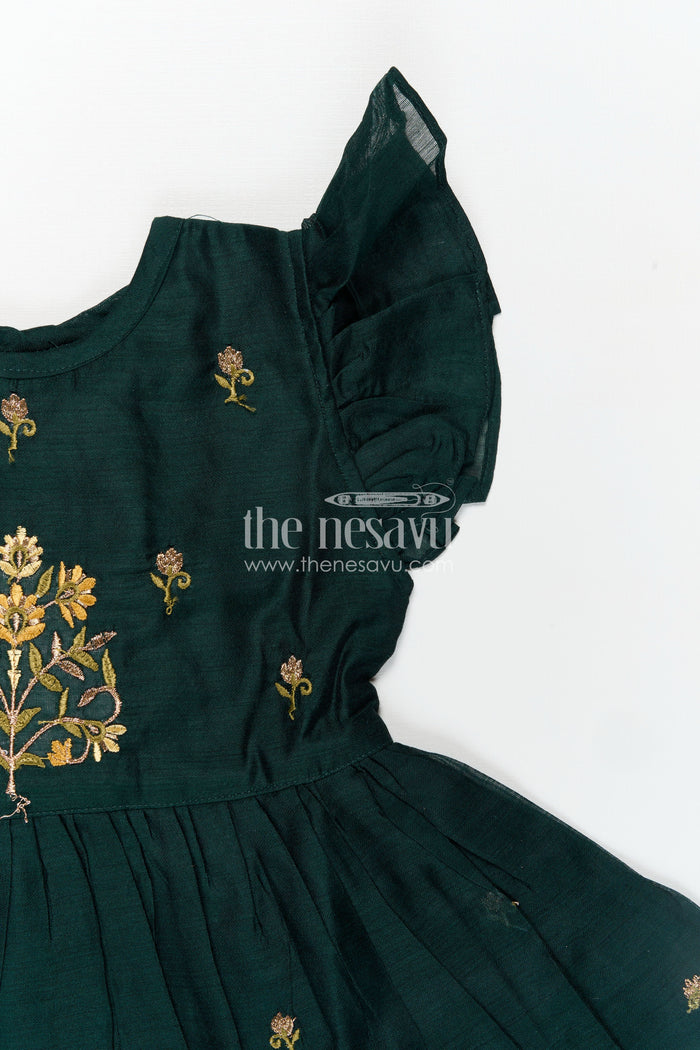 The Nesavu Girls Chanderi Frock Girls Chanderi Cotton New Design Frock with Gold Thread Embroidery and Frilled Sleeves in Deep Green Nesavu Nesavu Girls Chanderi Cotton Frock Floral Thread Embroidery Frilled Sleeves Everyday Elegance