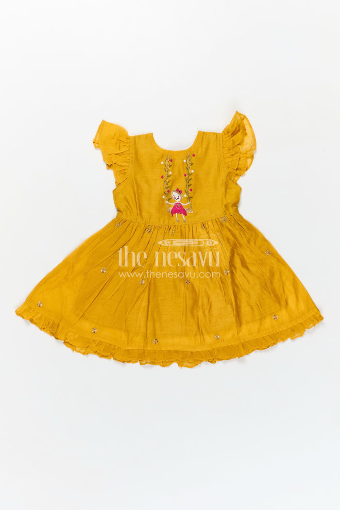 The Nesavu Girls Chanderi Frock Girls Chanderi Cotton Simple Frock Design with Swing Embroidery and Frill Sleeves in Honey Yellow Nesavu Nesavu Girls Chanderi Cotton Honey Yellow Frock Swing Motif Simple Frill Sleeve Design