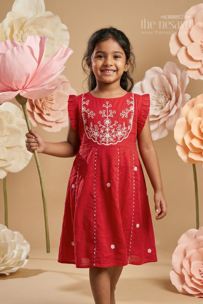 The Nesavu Girls Chanderi Frock Girls Chanderi Frock for Festive Celebrations and Wedding Occasions Nesavu 18 (2Y) / Red / Chanderi GFC2152B-18 Nesavu Girls Chanderi Cotton Embroidered Frock For Weddings Festive Celebrations And Events