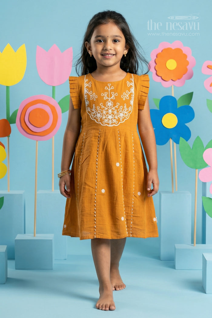The Nesavu Girls Chanderi Frock Girls Chanderi Frock for Festive Gatherings and Traditional Celebrations Nesavu Nesavu Girls Chanderi Cotton Embroidered Frock For Festive Gatherings And Traditional Events