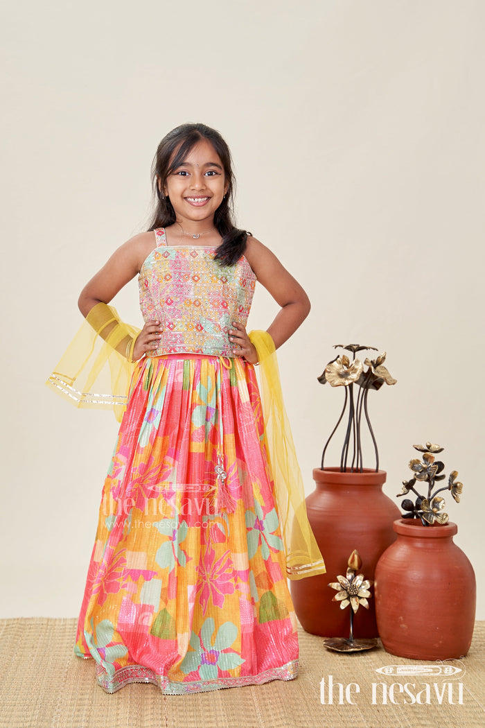 The Nesavu Girls Fancy Lehenga Girls Chaniya Choli in Vibrant Georgette Digital Print with Sequins and Multicolor Embroidered Blouse Nesavu Nesavu Multicolor Georgette Girls Chaniya Choli Sequins Embroidery Yellow Dupatta Set