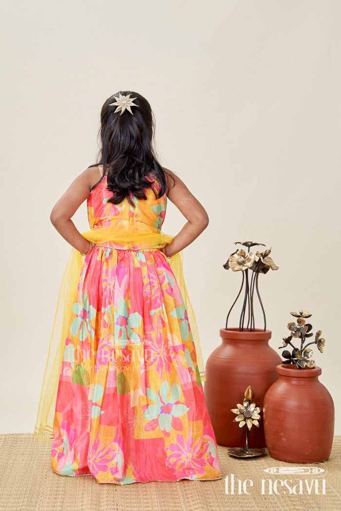 The Nesavu Girls Fancy Lehenga Girls Chaniya Choli in Vibrant Georgette Digital Print with Sequins and Multicolor Embroidered Blouse Nesavu Nesavu Multicolor Georgette Girls Chaniya Choli Sequins Embroidery Yellow Dupatta Set
