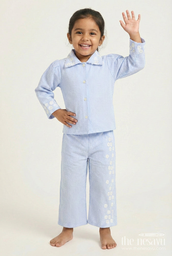 The Nesavu Girls Co-Ord Sets Girls Co-Ord Set with Floral Details for Festive School Days Nesavu 22 (4Y) / Blue GPS811C-22 Nesavu girls cotton blend co-ord set floral embroidery festive school functions