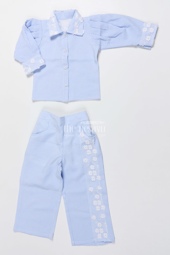 The Nesavu Girls Co-Ord Sets Girls Co-Ord Set with Floral Details for Festive School Days Nesavu 22 (4Y) / Blue GPS811C-22 Nesavu girls cotton blend co-ord set floral embroidery festive school functions