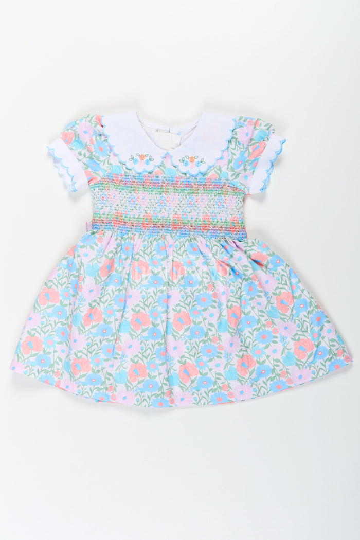 The Nesavu Girls Cotton Frock Girls Collar Frock Design in Floral Cotton with Smocked Bodice and Embroidered Collar for a Playful Yet Polished Look Nesavu 18 (2Y) / Blue GFC1681B-18 Girls Floral Cotton Collar Frock Design Smocking Embroidered Peter Pan Collar | The Nesavu