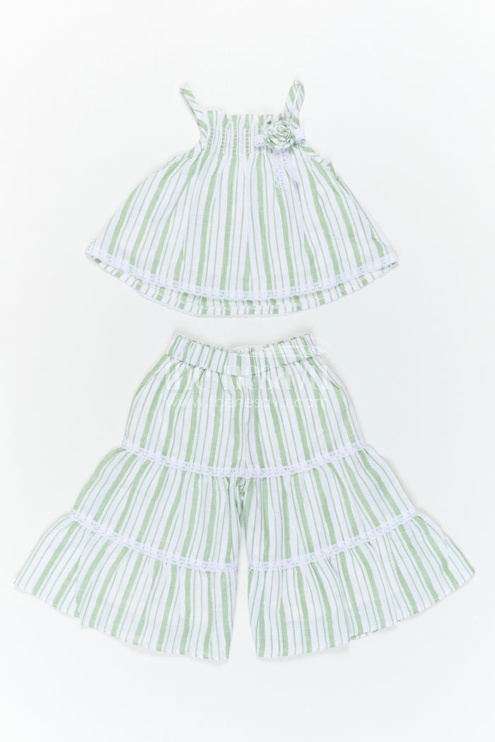 The Nesavu Girls Co-Ord Sets Girls Cotton Co Ord Set for Casual Wear and Summer Comfort Nesavu Nesavu Girls Green Cotton Co Ord Set With Striped Design For Casual Wear And Breathable Summer Comfort