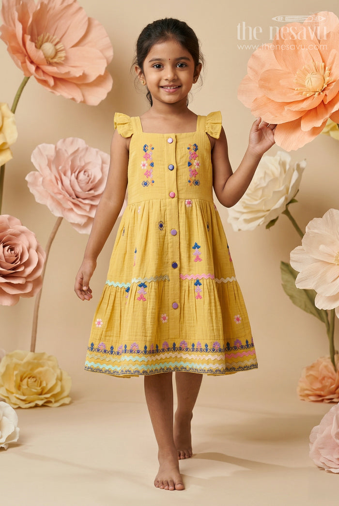 The Nesavu Girls Cotton Frock Girls Cotton Dress for Celebrations and Special Day Outings Nesavu 20 (3Y) / Yellow / Muslin Cotton GFC2184B-20 Nesavu Girls Cotton Dress For Celebrations With Muslin Fabric And Embroidered Details For Festive Comfort