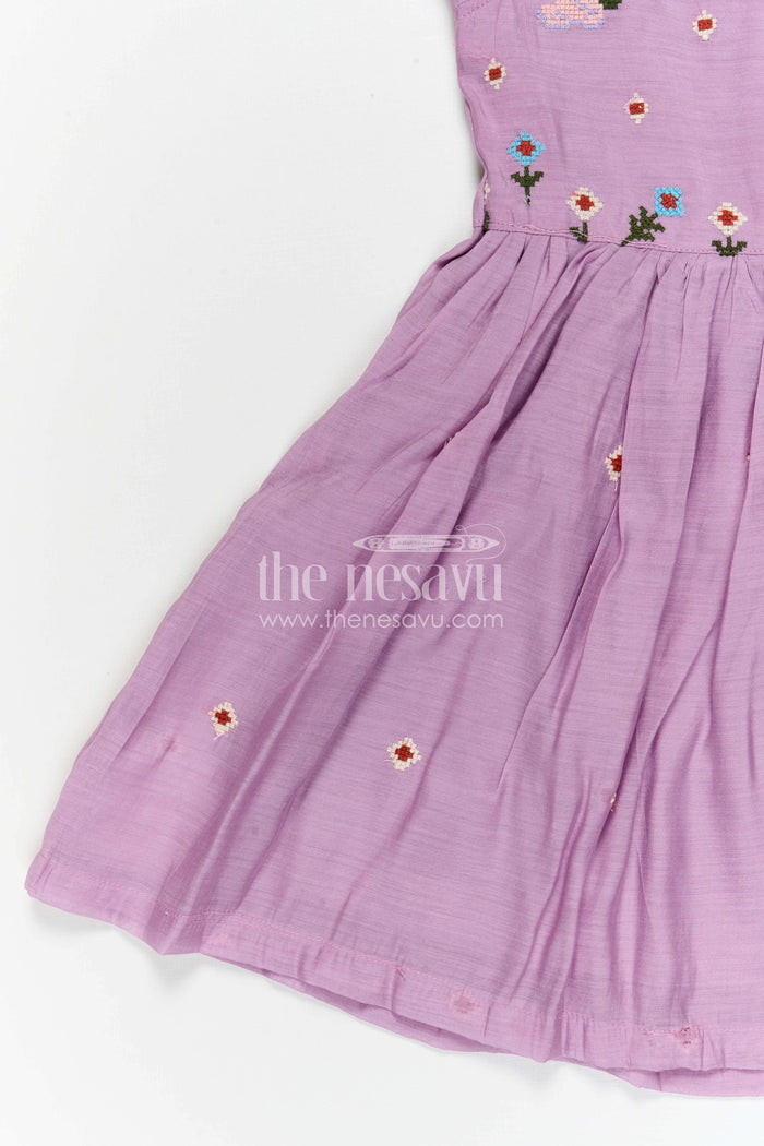 The Nesavu Girls Cotton Frock Girls Cotton Embroidered Frock for Casual and Festive Wear Nesavu Nesavu girls purple cotton frock with thread embroidery for casual and festive wear