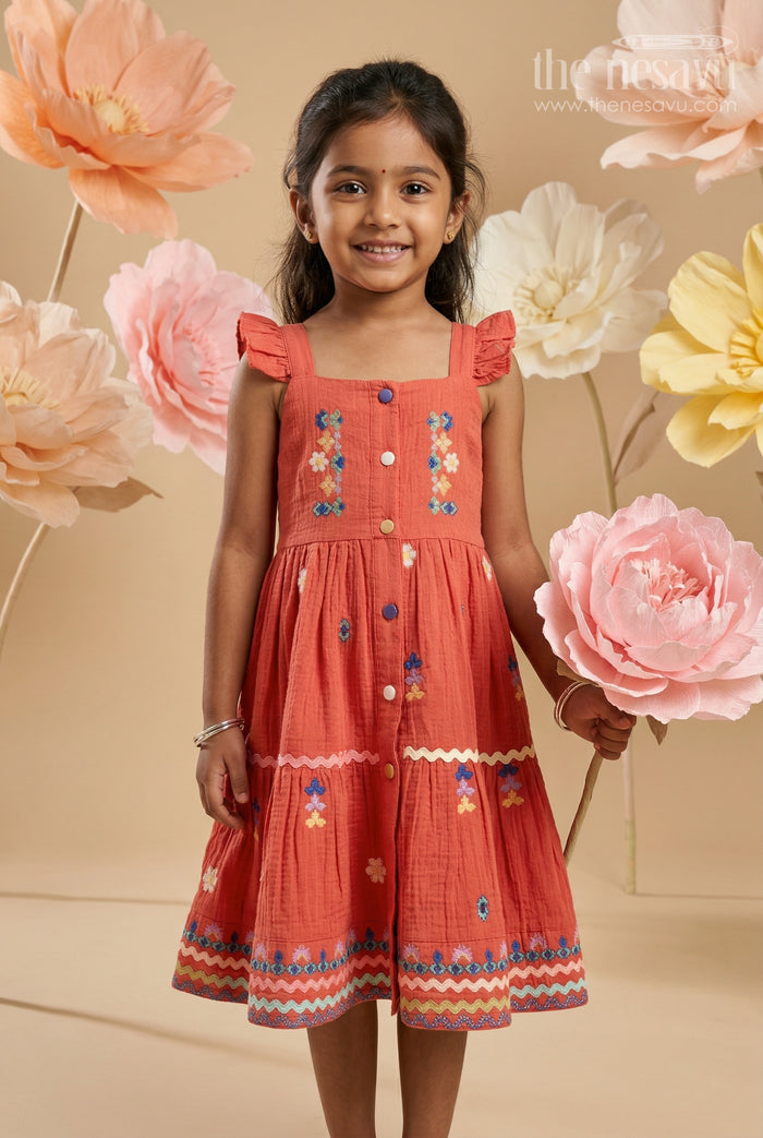 The Nesavu Girls Cotton Frock Girls Cotton Frock for Festival Celebrations and Family Functions Nesavu 20 (3Y) / Orange / Muslin Cotton GFC2184A-20 Nesavu Girls Cotton Frock For Festive Outings With Muslin Fabric And Thread Embroidery For Stylish Comfort