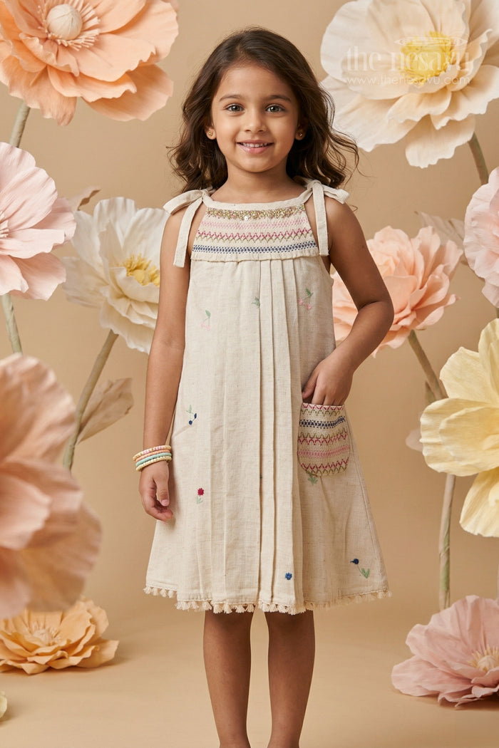 The Nesavu Girls Cotton Frock Girls Cotton Frock with Delicate Thread Embroidery for Summer Wear Nesavu 14 (6M) / Cream / Cotton GFC2167A-14 Nesavu girls cotton frock with thread embroidery and tie up straps for summer wear