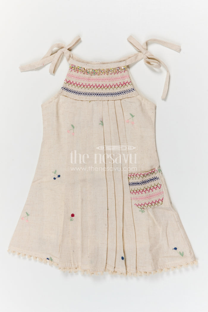 The Nesavu Girls Cotton Frock Girls Cotton Frock with Delicate Thread Embroidery for Summer Wear Nesavu Nesavu girls cotton frock with thread embroidery and tie up straps for summer wear