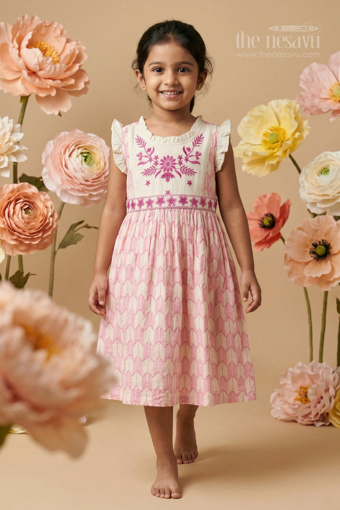 The Nesavu Girls Cotton Frock Girls Cotton Frock with Embroidered Bodice for Playful Celebrations Nesavu 20 (3Y) / Pink / Cotton GFC2155B-20 Nesavu Girls Cotton Embroidered Frock With Floral Bodice For Birthday Parties