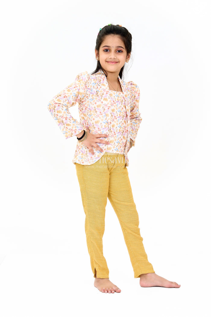 The Nesavu Girls Sharara / Plazo Set Girls Cotton Sharara Set with Festive Floral Blazer and Coordinated Pants for Parties Nesavu Nesavu Girls Cotton Sharara Set Floral Blazer Tailored Pants Parties