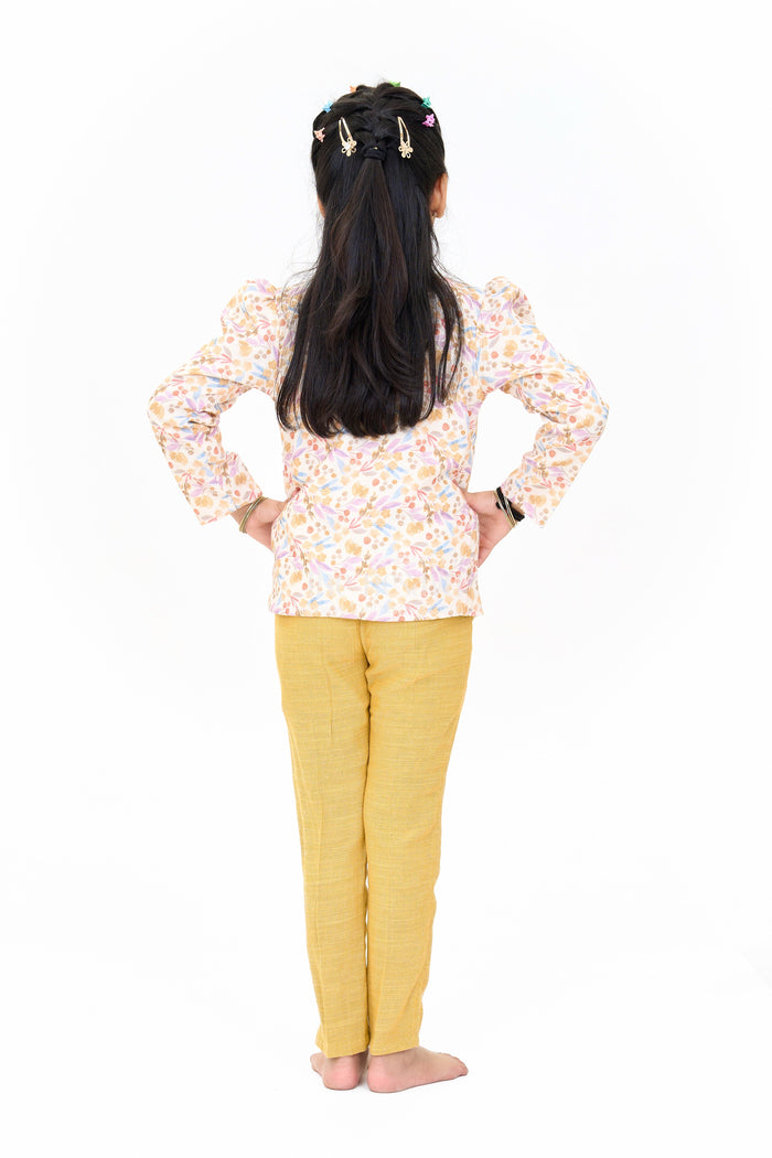 The Nesavu Girls Sharara / Plazo Set Girls Cotton Sharara Set with Festive Floral Blazer and Coordinated Pants for Parties Nesavu Nesavu Girls Cotton Sharara Set Floral Blazer Tailored Pants Parties