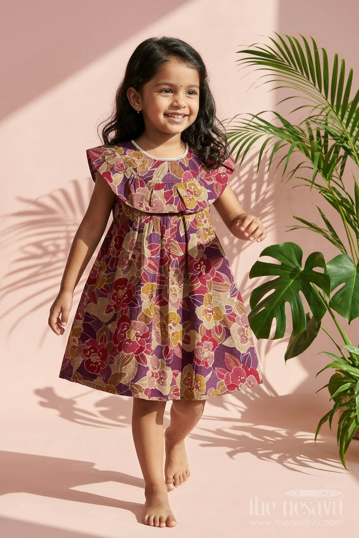 The Nesavu Girls Cotton Frock Girls Cotton Printed Frock for Birthday Outings Nesavu 18 (2Y) / Yellow / Cotton GFC2124A-18 Nesavu Girls Cotton Printed Frock With Flared Fit For Birthday Outings And Festive Occasions