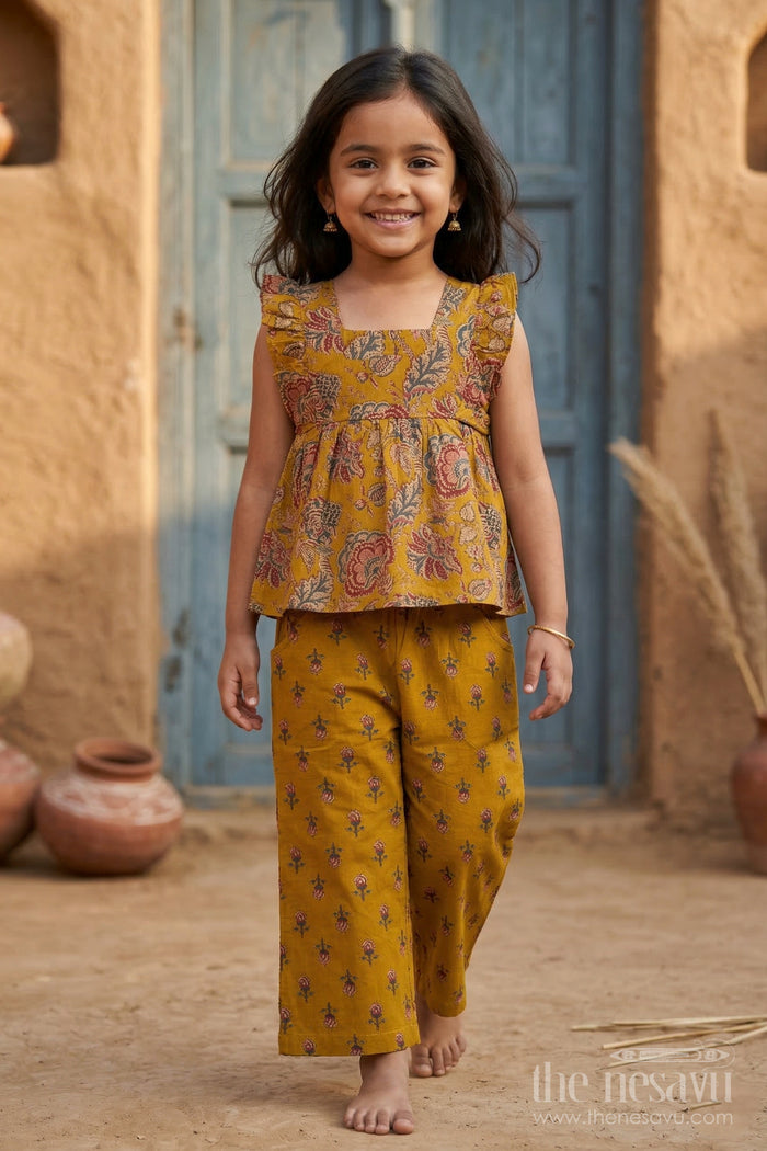 The Nesavu Girls Co-Ord Sets Girls Cotton Vacation Outfit with Matching Pant Set Nesavu 16 (1Y) / Yellow / Cotton GCS009A-16 Nesavu Girls Cotton Vacation Co Ord Set With Matching Pants For Travel Wear