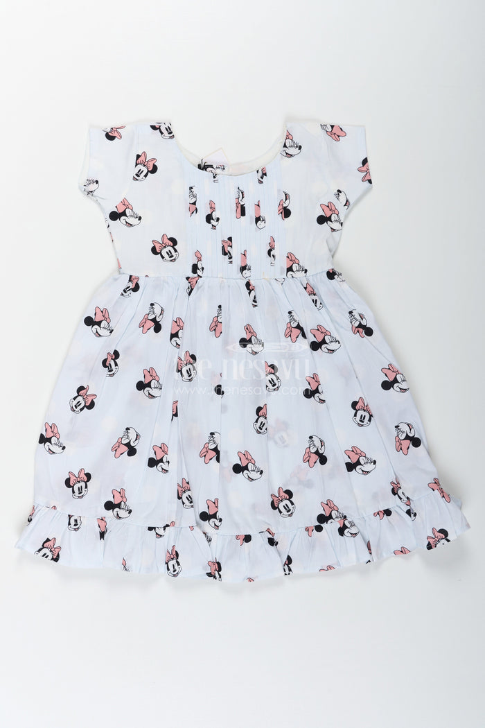 The Nesavu Girls Cotton Frock Girls Cotton White Frock for Eid with Minnie Mouse Digital Print and Ruffled Hem for a Festive Fun Look Nesavu 18 (2Y) / Half white GFC1665A-18 Girls White Frock Eid Soft Cotton Minnie Mouse Digital Print Frill Hem Design | The Nesavu