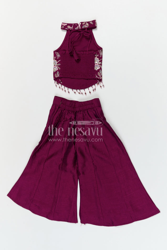 The Nesavu Girls Sharara / Plazo Set Girls Designer Sharara Set with Embroidered Top for Festive Wear Nesavu Nesavu girls designer viscose blend silk sharara set with embroidered top for festive wear