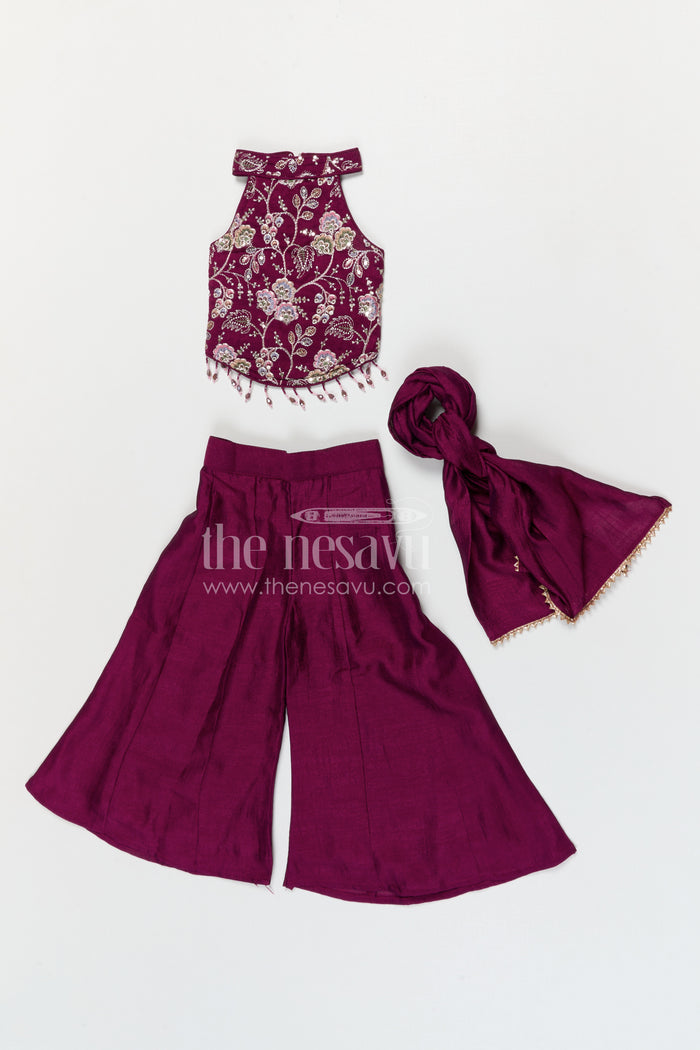 The Nesavu Girls Sharara / Plazo Set Girls Designer Sharara Set with Embroidered Top for Festive Wear Nesavu Nesavu girls designer viscose blend silk sharara set with embroidered top for festive wear