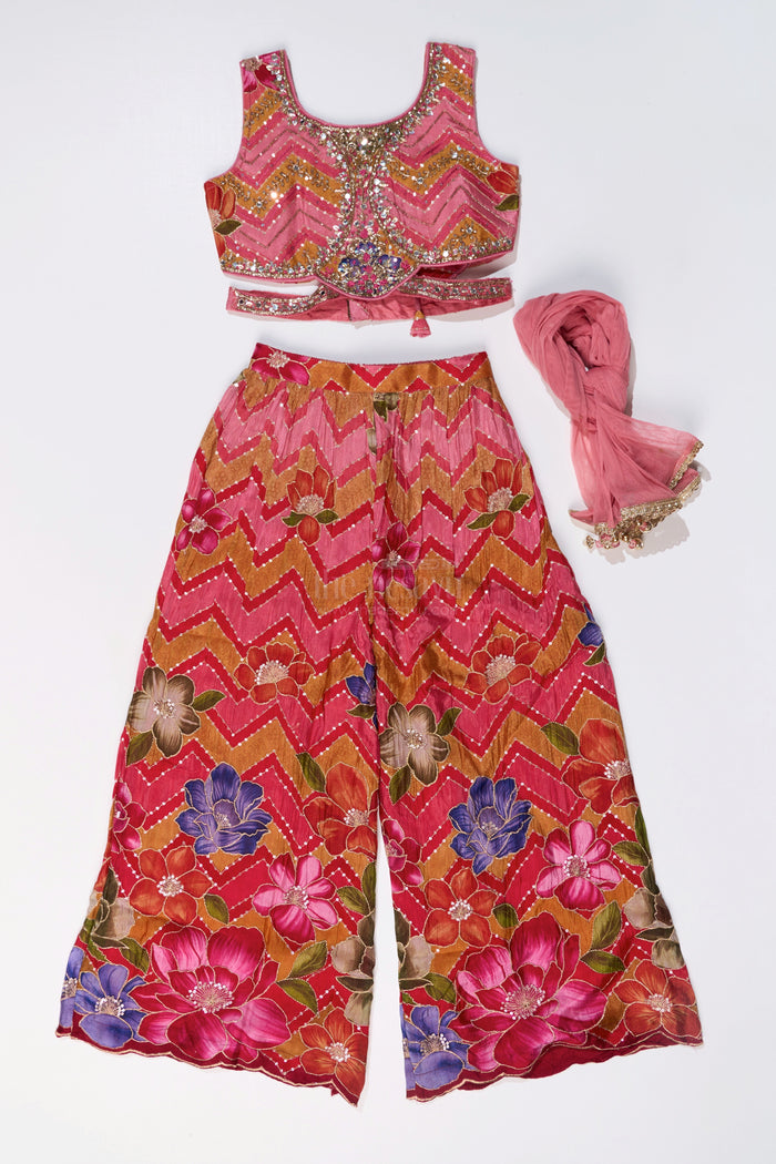 The Nesavu Girls Sharara / Plazo Set Girls Designer Sharara Sets with Floral Embroidery and Chevron Print in Pink Nesavu Nesavu Girls Designer Sharara Sets Floral Embroidery Chevron Print