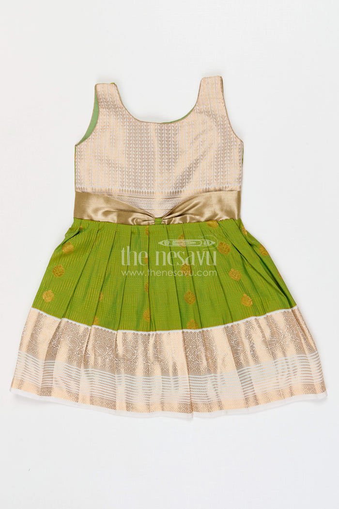 The Nesavu Girls Kanchi Silk Frock Girls Designer Silk Frock for Weddings and Festive Occasions Nesavu 10 (NB) / Green / Style 2 KSF026AB-10 Nesavu Girls Semi Designer Wedding Kanchivaram Silk Frock For Weddings And Festive Celebrations