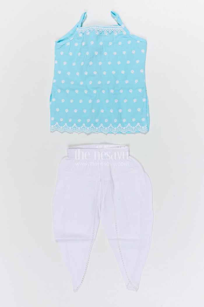 The Nesavu Girls Dothi Sets Girls Dhoti Set for School Ethnic Day and Festivals Nesavu 14 (6M) / Blue / Cotton GPS649D-14 Nesavu girls cotton dhoti set with thread embroidery for school ethnic day