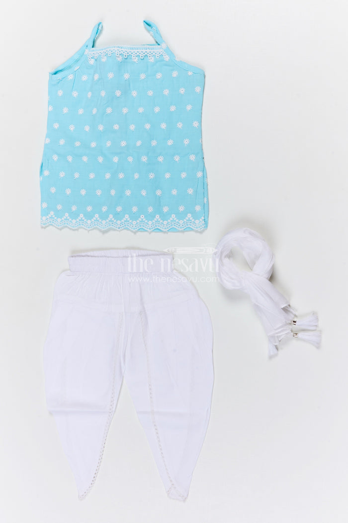 The Nesavu Girls Dothi Sets Girls Dhoti Set for School Ethnic Day and Festivals Nesavu Nesavu girls cotton dhoti set with thread embroidery for school ethnic day
