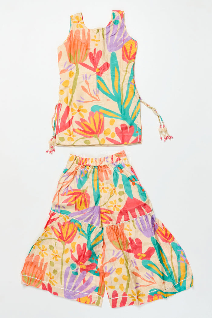 The Nesavu Girls Sharara / Plazo Set Girls Digital Floral Printed Sharara Suit In Viscose Muslin Silk Nesavu Nesavu girls floral printed muslin sharara set  festive ethnic outfit