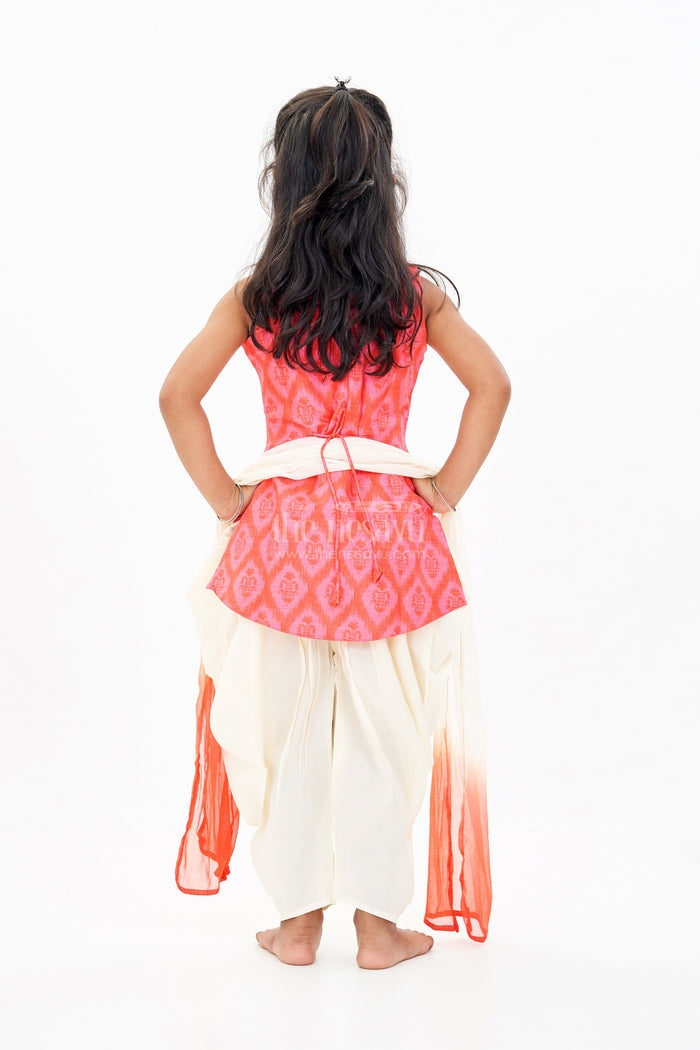 The Nesavu Girls Dothi Sets Girls Dothi Top Set with Red Ikat Print and Mirror Work Detailing Nesavu Girls Dothi Top Set Red Ikat Print Mirror Work Detailing | The Nesavu