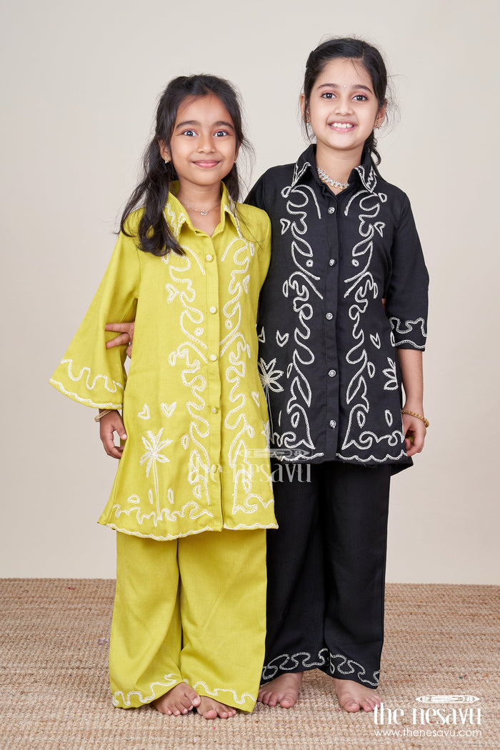 The Nesavu Girls Co-Ord Sets Girls Embroidered Black Georgette Plazo Set for Evening Functions Nesavu Nesavu girls black georgette plazo set thread embroidery festive cultural functions