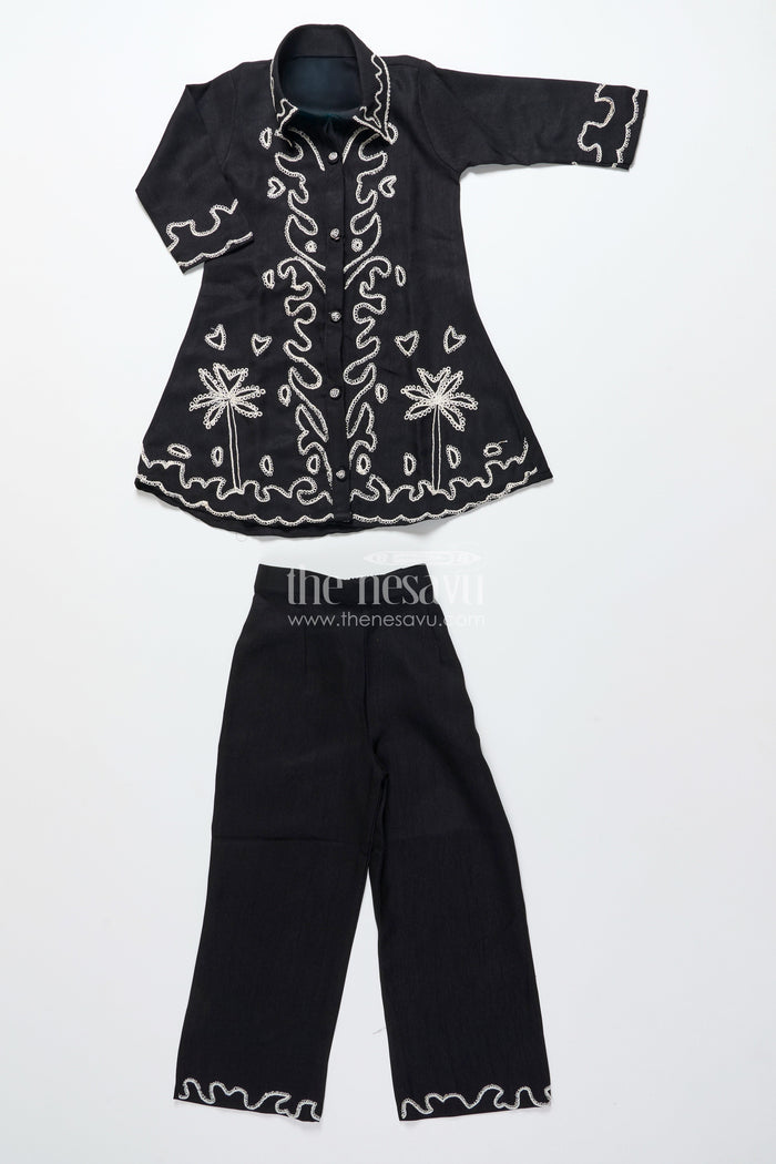 The Nesavu Girls Co-Ord Sets Girls Embroidered Black Georgette Plazo Set for Evening Functions Nesavu 24 (5Y) / Black GPS863A-24 Nesavu girls black georgette plazo set thread embroidery festive cultural functions