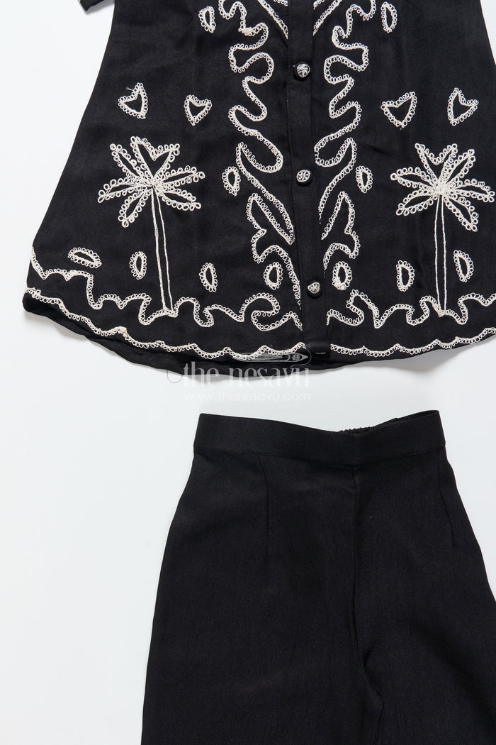 The Nesavu Girls Co-Ord Sets Girls Embroidered Black Georgette Plazo Set for Evening Functions Nesavu Nesavu girls black georgette plazo set thread embroidery festive cultural functions