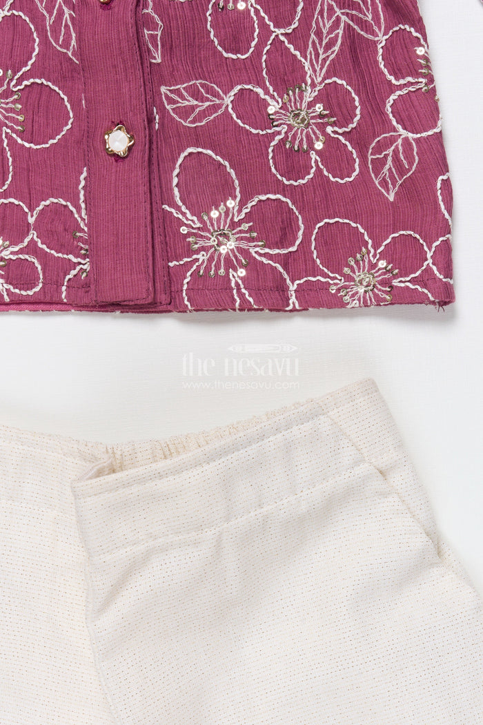 The Nesavu Girls Co-Ord Sets Girls Embroidered Co-Ord Set for Birthdays and Festive Events Nesavu Nesavu girls embroidered co-ord set puff sleeve top wide-leg pants festive birthdays