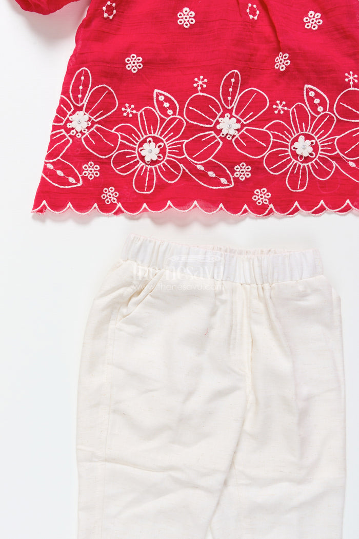 The Nesavu Girls Co-Ord Sets Girls Embroidered Cotton Plazo Set for Festive and Cultural Events Nesavu Nesavu girls embroidered plazo set traditional wear poojas cultural functions