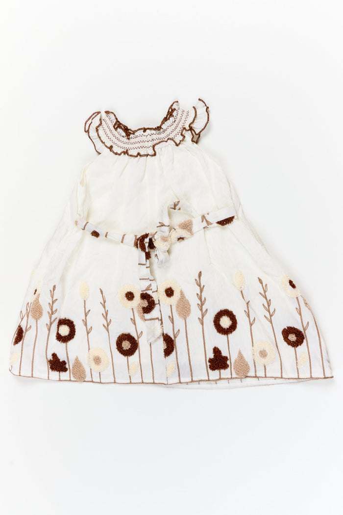 The Nesavu Girls Chanderi Frock Girls Embroidered Frock for Naming Ceremony and Milestone Events Nesavu Nesavu half-white embroidered frock in viscose blend for naming ceremony and traditional functions