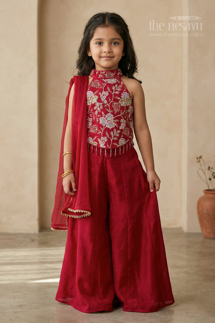 The Nesavu Girls Sharara / Plazo Set Girls Embroidered Sharara Set for Festive Celebrations and Special Occasions Nesavu 18 (2Y) / Red / Viscose GPS1021A-18 Nesavu girls viscose blend silk embroidered sharara set for festive occasions