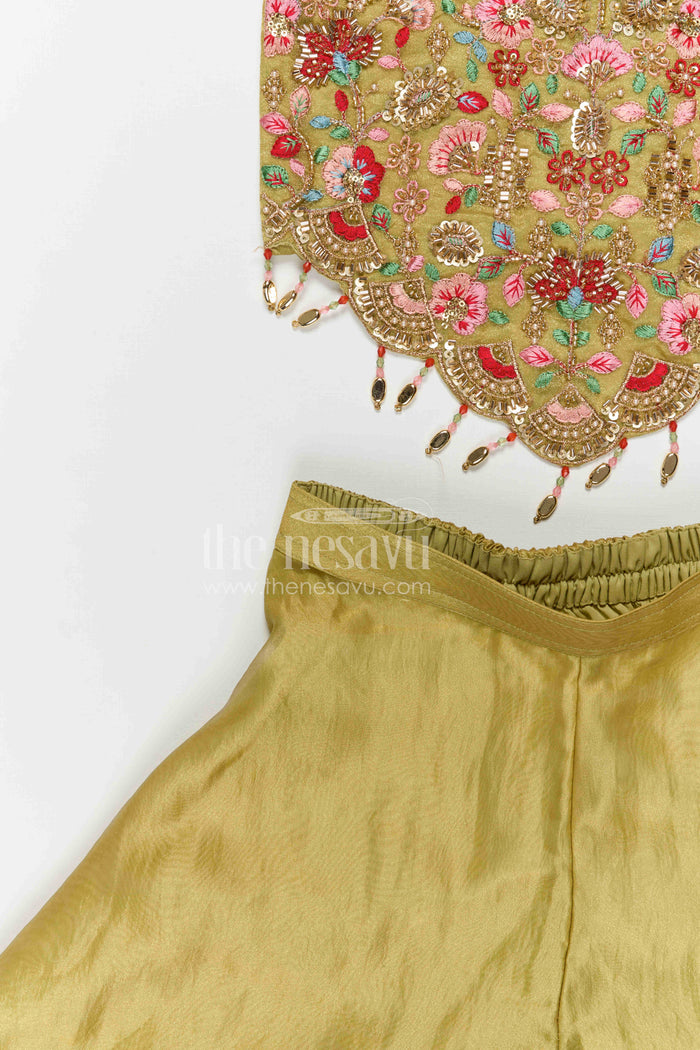 The Nesavu Girls Sharara / Plazo Set Girls Embroidered Sharara Set in Silk Blend for Festive and Wedding Wear Nesavu Nesavu girls viscose blend silk sharara set with embroidered yoke for festive wear