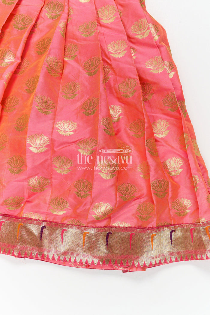 The Nesavu Girls Silk Gown Girls Ethnic Anarkali Gown in Pink Semi Banaras Silk with Paithani Yoke and Festive Flare Nesavu Nesavu Girls Ethnic Anarkali Gown in Pink Banaras Silk with Paithani Embroidered Yoke and Golden Motifs
