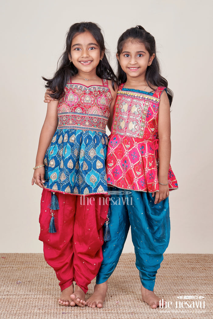 The Nesavu Girls Dothi Sets Girls Ethnic Dhoti Set with Digital Print Top for Festive Dressing Nesavu Nesavu ethnic dhoti set girls digital print top festive tassel details