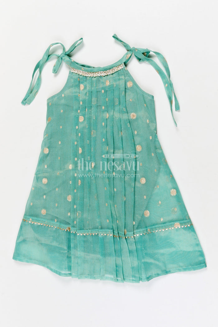 The Nesavu Girls Cotton Frock Girls Ethnic Frock for Pooja, Navaratri and Festive Occasions Nesavu 22 (4Y) / Teal / Silk Blend GFC2066B-22 Nesavu girls tissue silk frock with tie-up straps for Navaratri and festive occasions