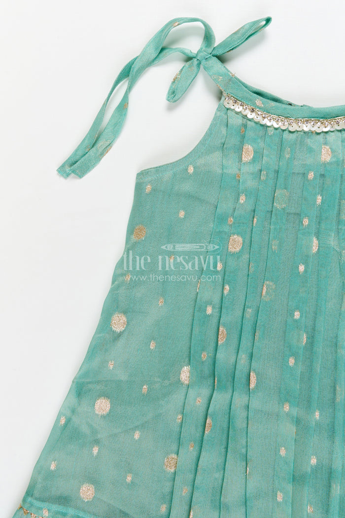 The Nesavu Girls Cotton Frock Girls Ethnic Frock for Pooja, Navaratri and Festive Occasions Nesavu Nesavu girls tissue silk frock with tie-up straps for Navaratri and festive occasions