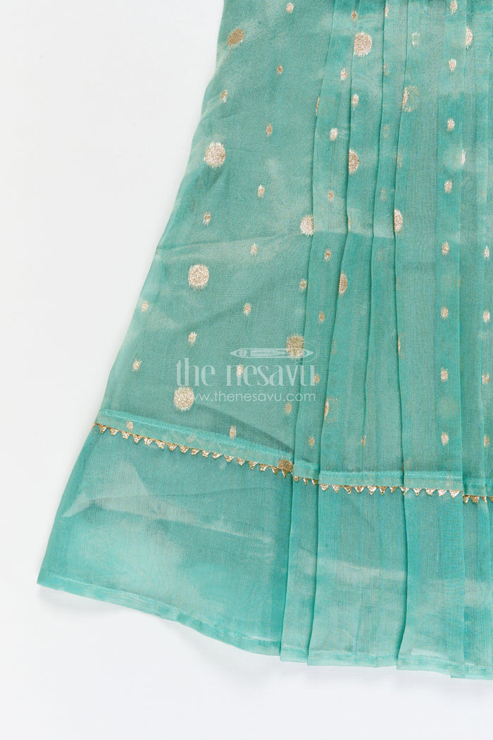The Nesavu Girls Cotton Frock Girls Ethnic Frock for Pooja, Navaratri and Festive Occasions Nesavu Nesavu girls tissue silk frock with tie-up straps for Navaratri and festive occasions