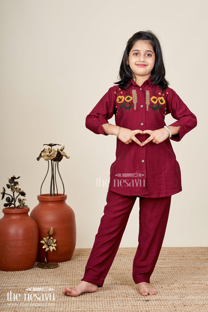 The Nesavu Girls Sharara / Plazo Set Girls ethnic plazzo kurta set with floral neckline embroidery Nesavu 28 (7Y) / Maroon GPS786B-28 Nesavu girls floral embroidered plazzo kurta set breathable viscose  festive school-ready